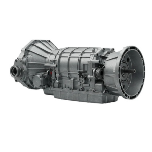 Heavy-duty truck transmission components—gearbox, torque converter, clutch pack, and shift fork—for Mack, Actros, MAN, HOWO, DAF, Scania, and Volvo F6/F7 on white background.